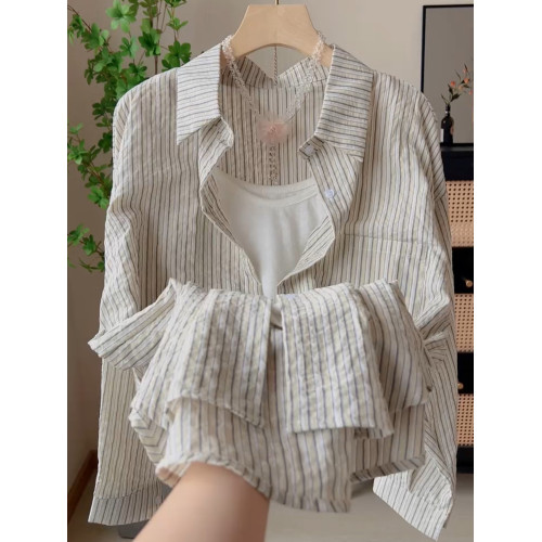 夏季款顯瘦百搭條紋襯衫女2025韓系寬鬆休閒長袖襯衣小衆上衣