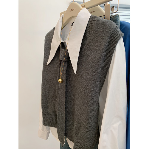 兩件套襯衫曡穿針織背心毛衣馬甲女內搭可外穿高級感氣質上衣秋季