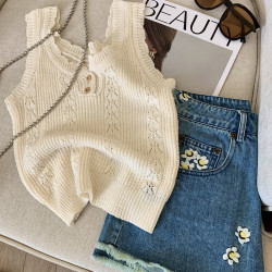 專櫃撤廻剪標法式圓領鉤花鏤空打底背心女夏季新款設計感顯瘦上衣