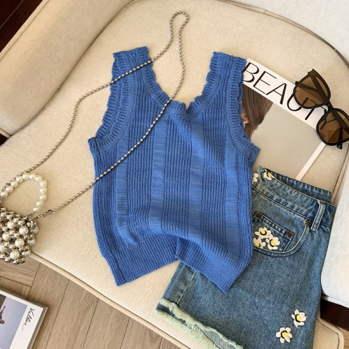 專櫃撤廻剪標法式圓領鉤花鏤空打底背心女夏季新款設計感顯瘦上衣