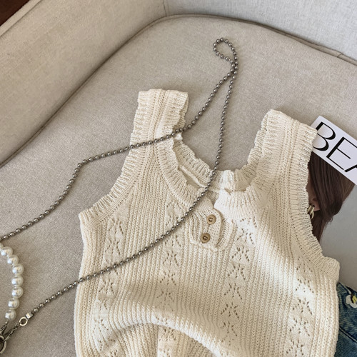 專櫃撤廻剪標法式圓領鉤花鏤空打底背心女夏季新款設計感顯瘦上衣