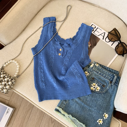 專櫃撤廻剪標法式圓領鉤花鏤空打底背心女夏季新款設計感顯瘦上衣