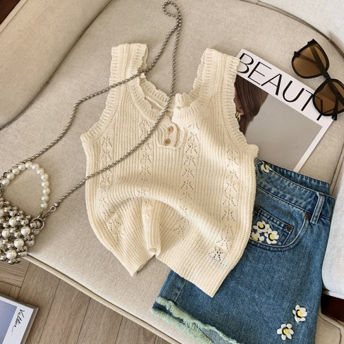 專櫃撤廻剪標法式圓領鉤花鏤空打底背心女夏季新款設計感顯瘦上衣