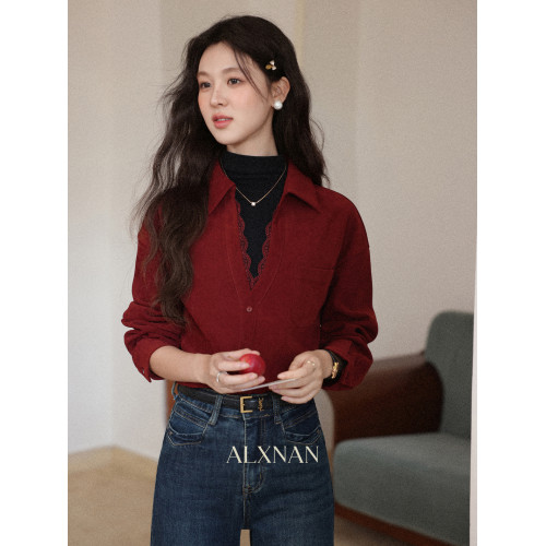 鹿向南「深赤凝光」聖誕酒紅色襯衫秋冬氣質復古假兩件內搭上衣女