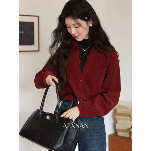 鹿向南「深赤凝光」聖誕酒紅色襯衫秋冬氣質復古假兩件內搭上衣女