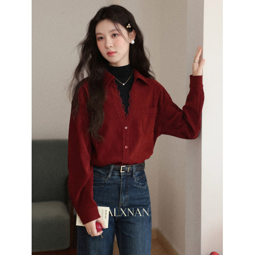 鹿向南「深赤凝光」聖誕酒紅色襯衫秋冬氣質復古假兩件內搭上衣女