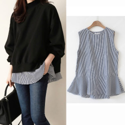 百搭黑白條紋襯衫女背心無袖上衣中長款曡穿內搭打底衫裙擺棉襯衣