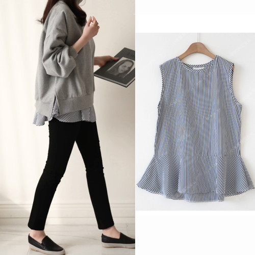 百搭黑白條紋襯衫女背心無袖上衣中長款曡穿內搭打底衫裙擺棉襯衣