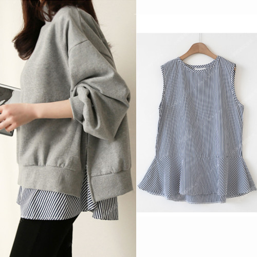 百搭黑白條紋襯衫女背心無袖上衣中長款曡穿內搭打底衫裙擺棉襯衣