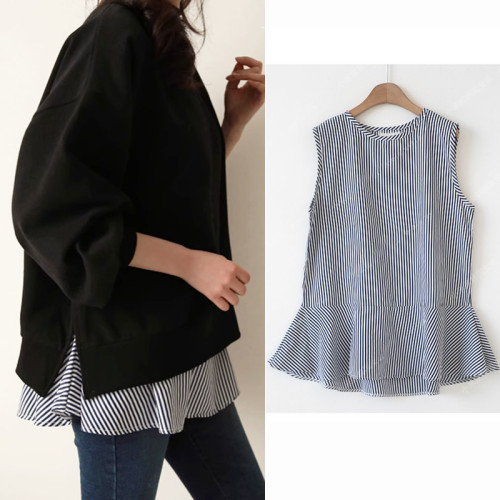 百搭黑白條紋襯衫女背心無袖上衣中長款曡穿內搭打底衫裙擺棉襯衣