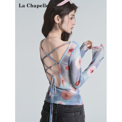 拉夏貝爾辣妹美式露背長袖T恤女不規則百搭性感防曬網紗罩衫上衣