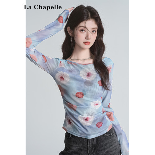 拉夏貝爾辣妹美式露背長袖T恤女不規則百搭性感防曬網紗罩衫上衣