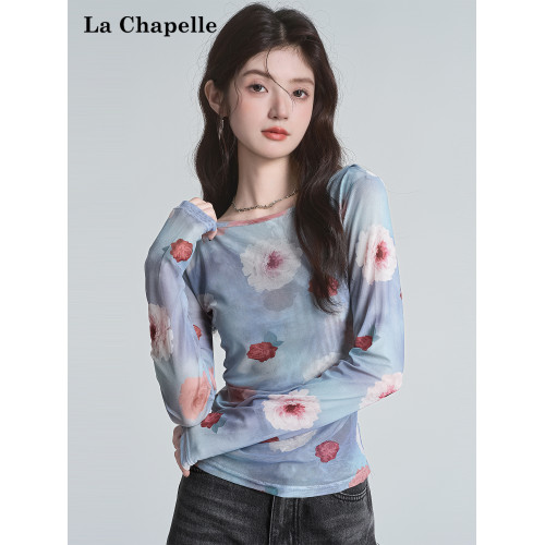 拉夏貝爾辣妹美式露背長袖T恤女不規則百搭性感防曬網紗罩衫上衣