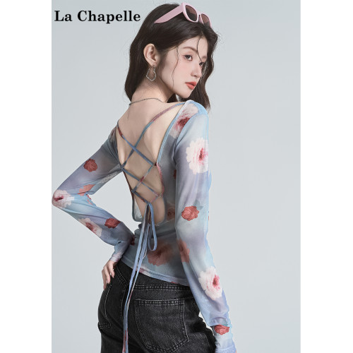 拉夏貝爾辣妹美式露背長袖T恤女不規則百搭性感防曬網紗罩衫上衣