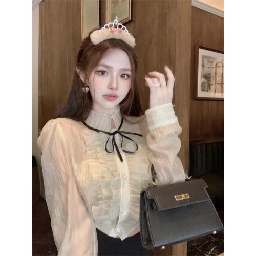 甜美木耳邊長袖襯衫女裝夏季法式寬鬆短款防曬襯衣別致泡泡袖上衣