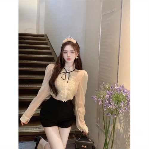 甜美木耳邊長袖襯衫女裝夏季法式寬鬆短款防曬襯衣別致泡泡袖上衣