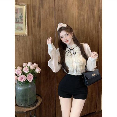 甜美木耳邊長袖襯衫女裝夏季法式寬鬆短款防曬襯衣別致泡泡袖上衣