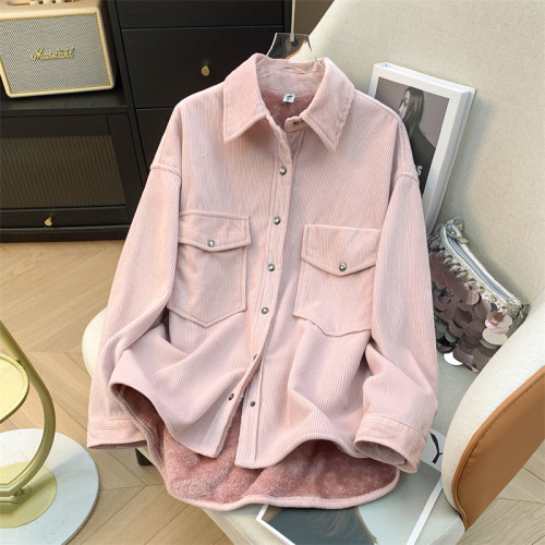 秋冬新款一體加絨加厚柔軟燈芯絨襯衫女韓版寬鬆休閒打底保暖襯衣 秋冬新款一體加絨加厚柔軟燈芯絨襯衫女韓版寬鬆休閒打底保暖襯衣