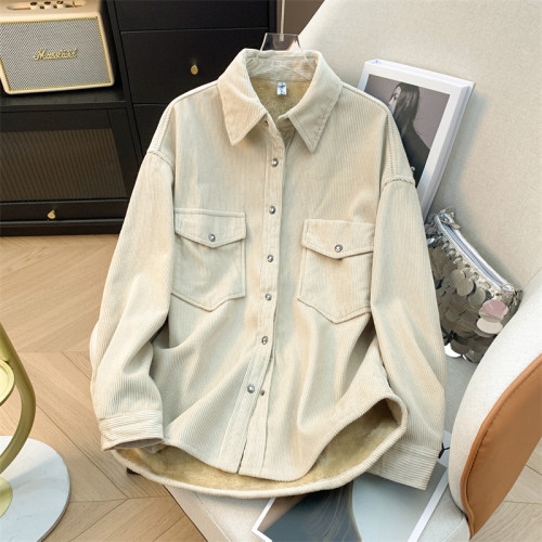 秋冬新款一體加絨加厚柔軟燈芯絨襯衫女韓版寬鬆休閒打底保暖襯衣 秋冬新款一體加絨加厚柔軟燈芯絨襯衫女韓版寬鬆休閒打底保暖襯衣