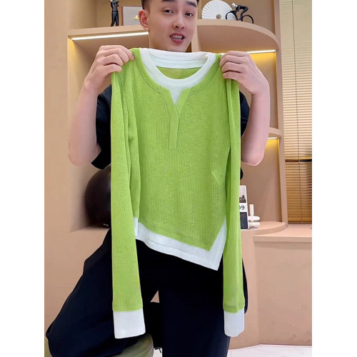 假兩件套頭2025秋季撞色防曬衣休閒長袖流行高級針織上衣t恤顯瘦 假兩件套頭2025秋季撞色防曬衣休閒長袖流行高級針織上衣t恤顯瘦