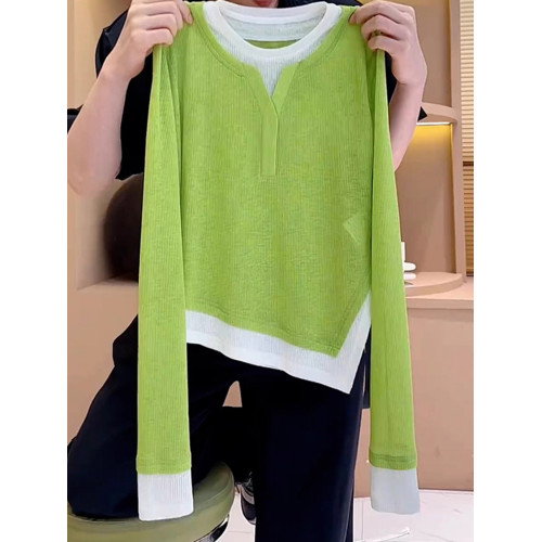 假兩件套頭2025秋季撞色防曬衣休閒長袖流行高級針織上衣t恤顯瘦 假兩件套頭2025秋季撞色防曬衣休閒長袖流行高級針織上衣t恤顯瘦