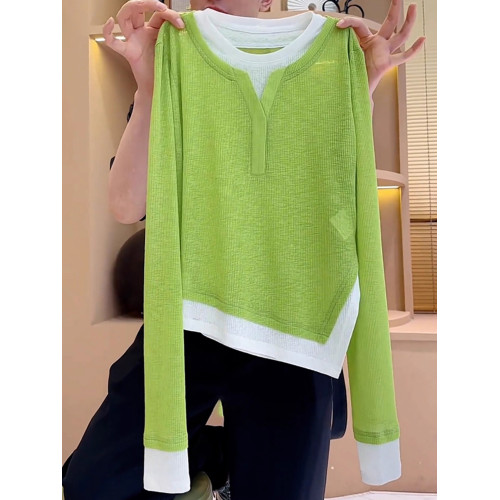 假兩件套頭2025秋季撞色防曬衣休閒長袖流行高級針織上衣t恤顯瘦 假兩件套頭2025秋季撞色防曬衣休閒長袖流行高級針織上衣t恤顯瘦