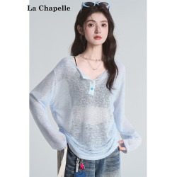 拉夏貝爾韓版長袖防曬罩衫女2025夏季新款抽繩設計薄款寬鬆T恤潮