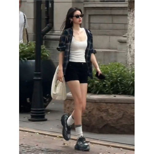 韓系氣質甜酷風藏青色格子長袖連帽防曬襯衫女夏季休閒寬鬆上衣潮