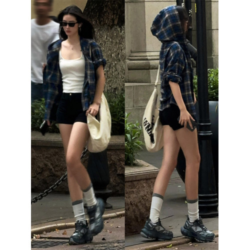 韓系氣質甜酷風藏青色格子長袖連帽防曬襯衫女夏季休閒寬鬆上衣潮