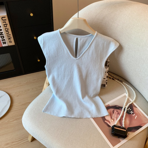 專櫃撤廻剪標法式V領小飛袖t恤女夏季新款設計感後背抽繩短款上衣