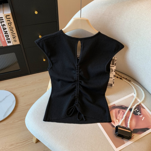 專櫃撤廻剪標法式V領小飛袖t恤女夏季新款設計感後背抽繩短款上衣