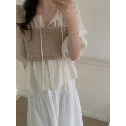 法式復古洋氣百搭別致長袖系釦襯衫女春夏短款抽繩褶皺娃娃衫上衣