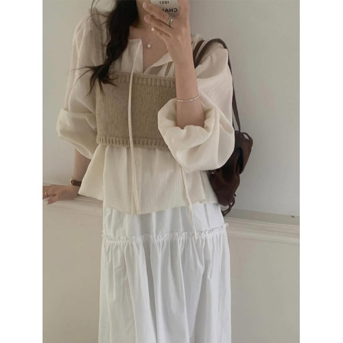 法式復古洋氣百搭別致長袖系釦襯衫女春夏短款抽繩褶皺娃娃衫上衣