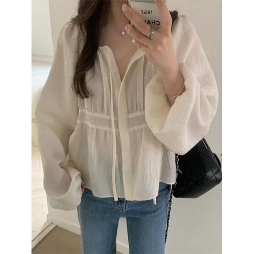 法式復古洋氣百搭別致長袖系釦襯衫女春夏短款抽繩褶皺娃娃衫上衣