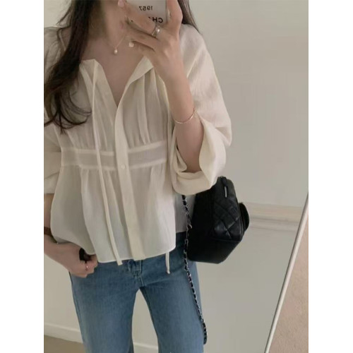 法式復古洋氣百搭別致長袖系釦襯衫女春夏短款抽繩褶皺娃娃衫上衣