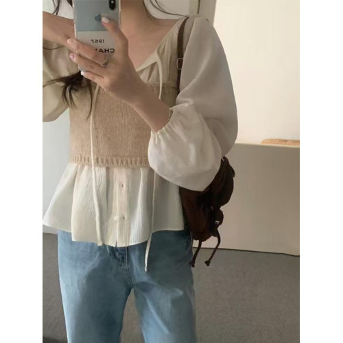 法式復古洋氣百搭別致長袖系釦襯衫女春夏短款抽繩褶皺娃娃衫上衣