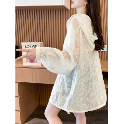 提花網紗連帽防曬衫女夏季輕奢薄款胖mm中長款開衫流行外套上衣服