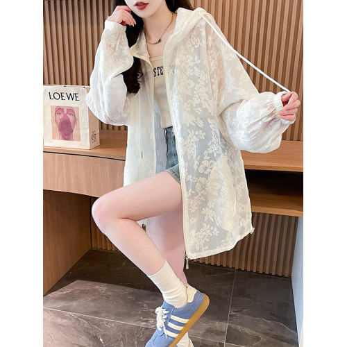 提花網紗連帽防曬衫女夏季輕奢薄款胖mm中長款開衫流行外套上衣服