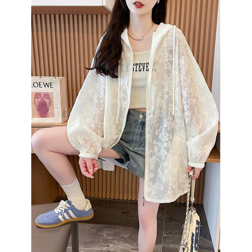 提花網紗連帽防曬衫女夏季輕奢薄款胖mm中長款開衫流行外套上衣服