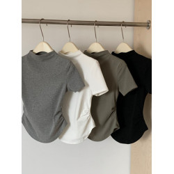 南油高級女裝褶皺收腰半高領短袖正肩T恤設計感辣妹純色上衣