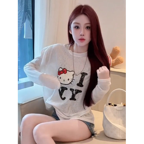 2025夏季圓領薄款微透貓咪印花長袖防曬衫女新款寬鬆顯瘦百搭上衣