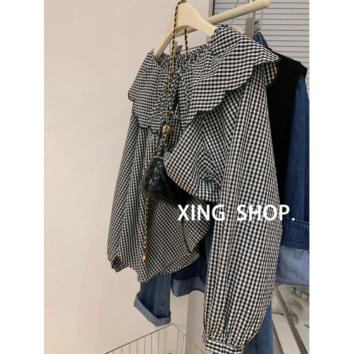 法式復古娃娃領格子襯衫女春秋2025新款設計感寬鬆別致長袖上衣潮