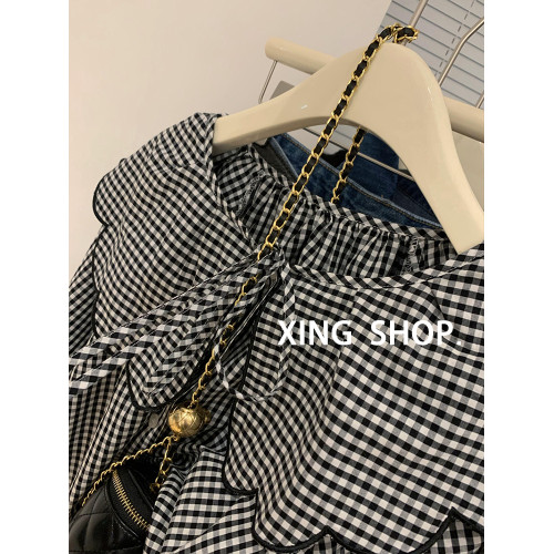 法式復古娃娃領格子襯衫女春秋2025新款設計感寬鬆別致長袖上衣潮