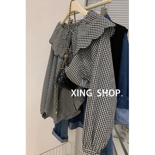 法式復古娃娃領格子襯衫女春秋2025新款設計感寬鬆別致長袖上衣潮