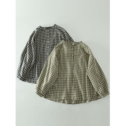 甜美日系木耳花邊領純棉格子長袖襯衫女寬鬆百搭小衫上衣春秋新款