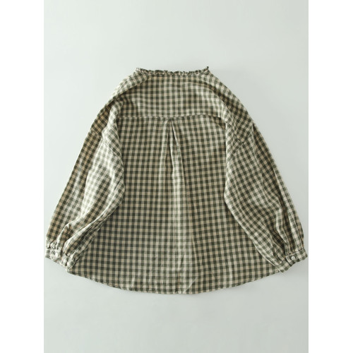 甜美日系木耳花邊領純棉格子長袖襯衫女寬鬆百搭小衫上衣春秋新款