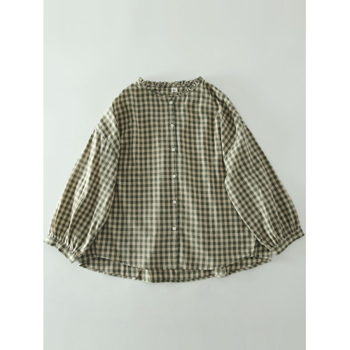 甜美日系木耳花邊領純棉格子長袖襯衫女寬鬆百搭小衫上衣春秋新款