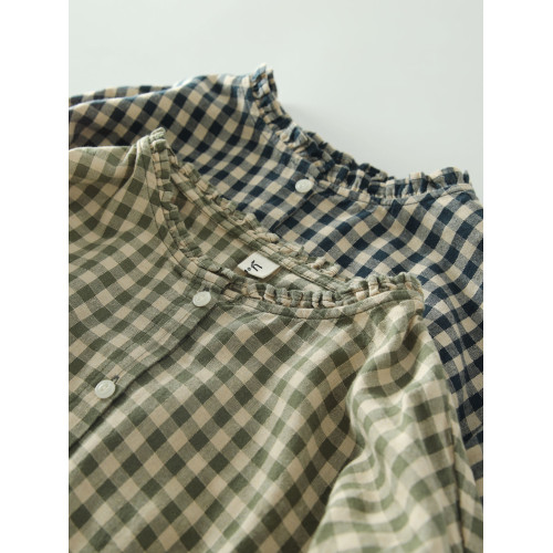 甜美日系木耳花邊領純棉格子長袖襯衫女寬鬆百搭小衫上衣春秋新款