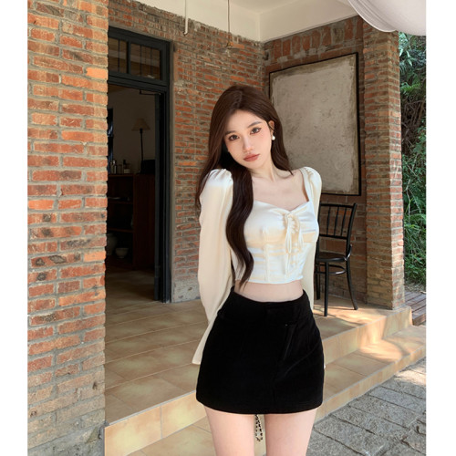 yaoxiaojie/姚小姐法式緞面襯衫女春季短款方領魚骨收腰長袖上衣