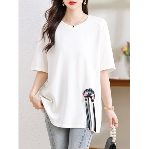 九月陌墨盤釦開叉短袖T恤女夏季國風寬鬆上衣2024新款大碼女裝潮